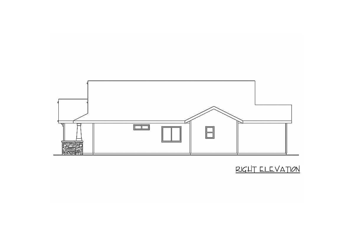Right elevation house plan drawing showing a single-story structure with a covered porch supported by stone-clad columns and multiple gables.