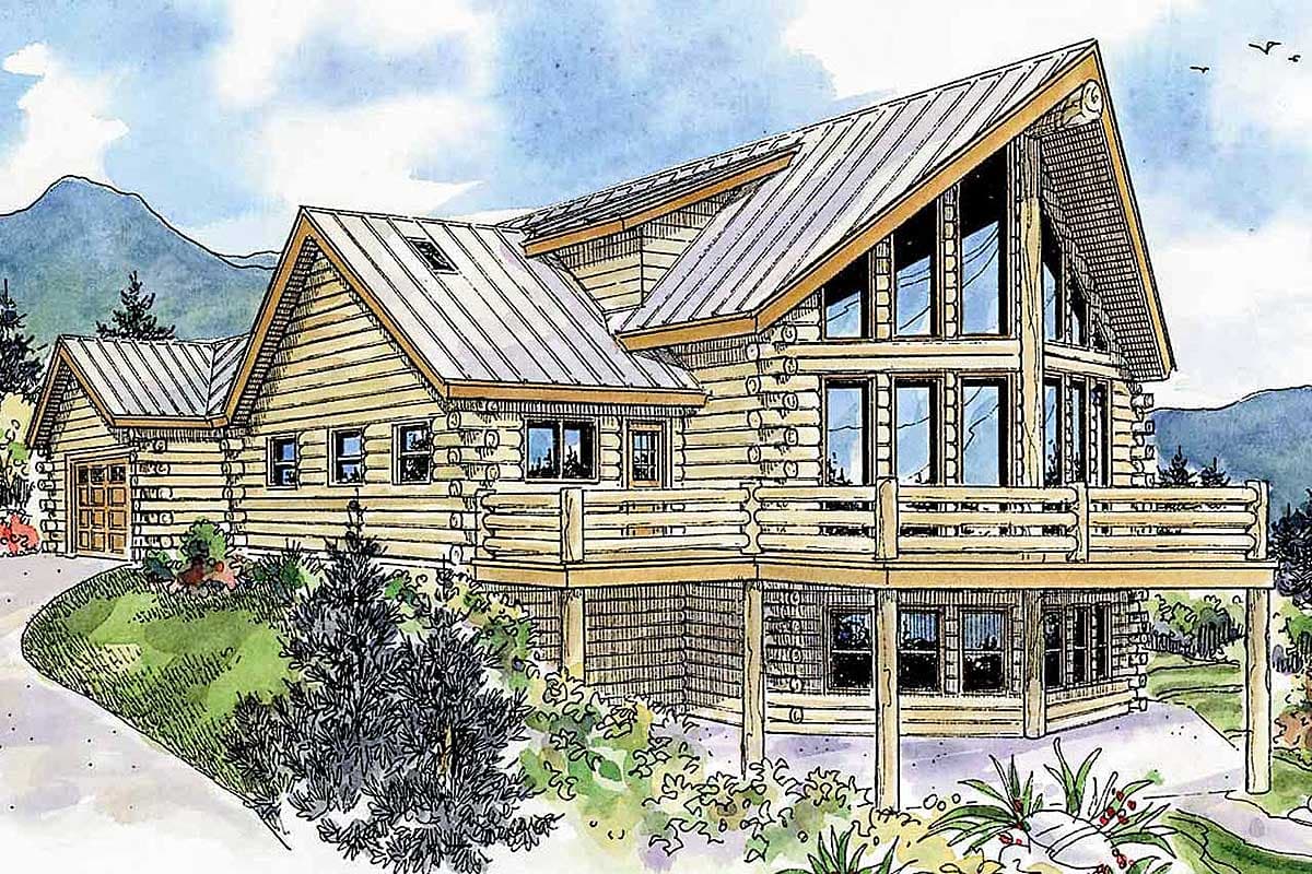 Log cabin house plan exterior with metal roof, multiple gables, large deck, and attached two-car garage.