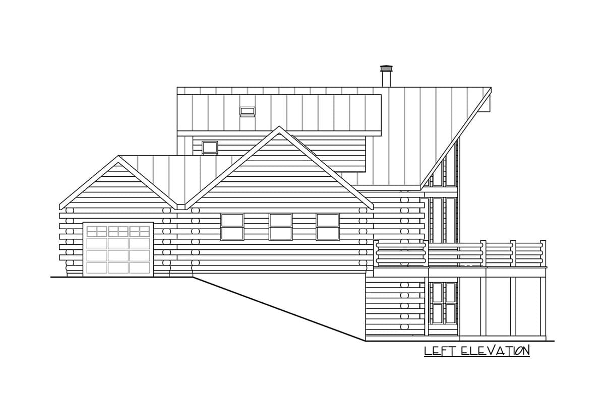 Left elevation of a log house plan with garage, gabled roof, multiple windows, and a deck.