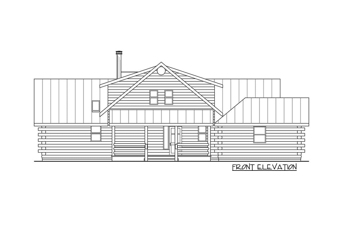Front elevation house plan for a log home featuring a prominent gable, covered porch, and metal roof.