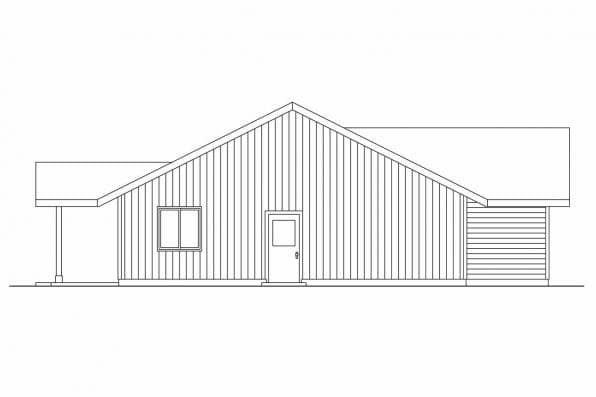 House plan side elevation of a single-story home with a prominent gable, single door, and attached garage.