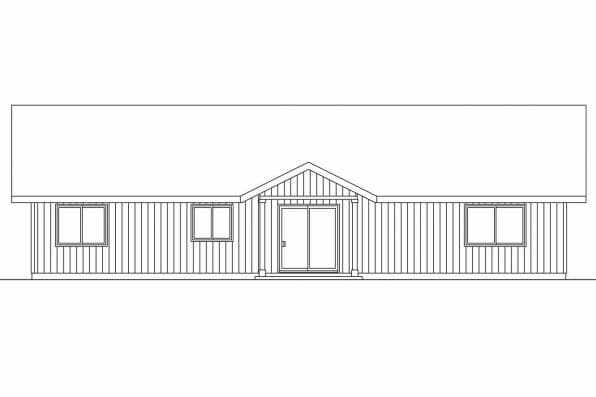 House plan front elevation drawing of a single-story home with sliding doors and two windows.
