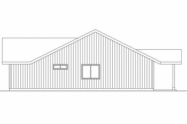 House plan exterior elevation. Single-story house with vertical siding, gable roofline, and covered porch.
