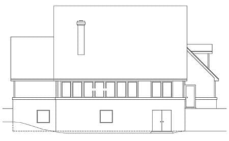 House plan elevation drawing showing a sunroom with many windows above two basement windows and double doors.