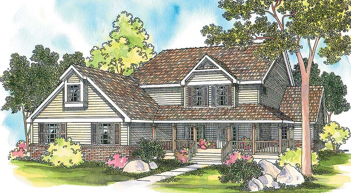 House plan exterior: two-story dwelling with wrap-around porch, gables, dormers, and shingled roof.