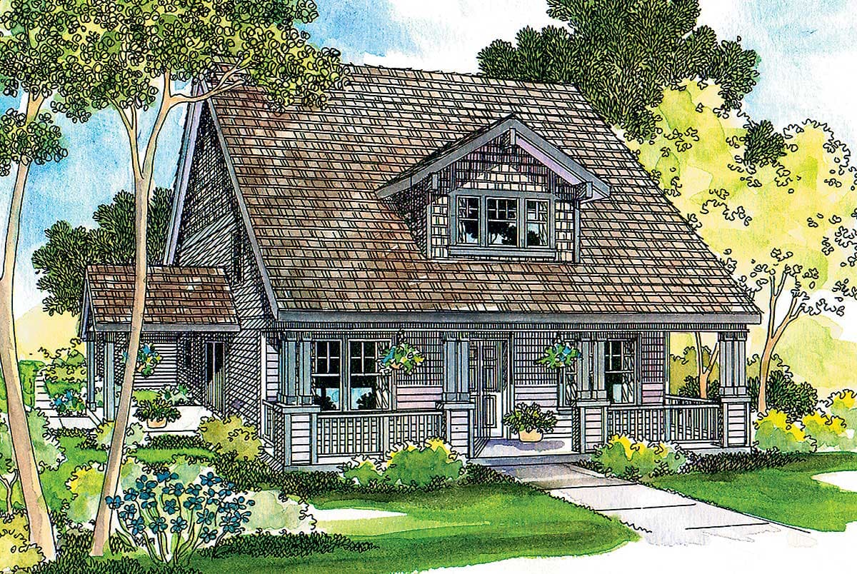 Craftsman style house plan exterior with a wraparound porch, dormer window, and multi-story gabled roof.