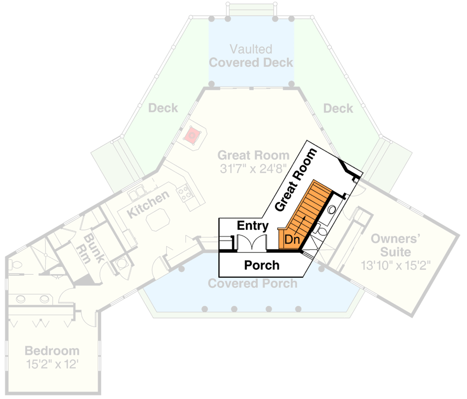 Plan 72267DA: Vacation Home Plan with Panoramic Rear View - Floor Plan - Main Level - Basement Stairs Location - Country, Ranch