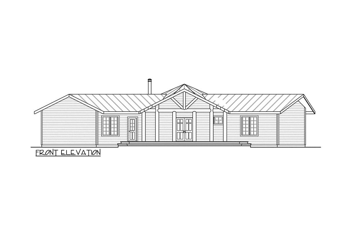 Front elevation drawing of a single-story house with a prominent central gable, double entry doors, and a sloped roof.