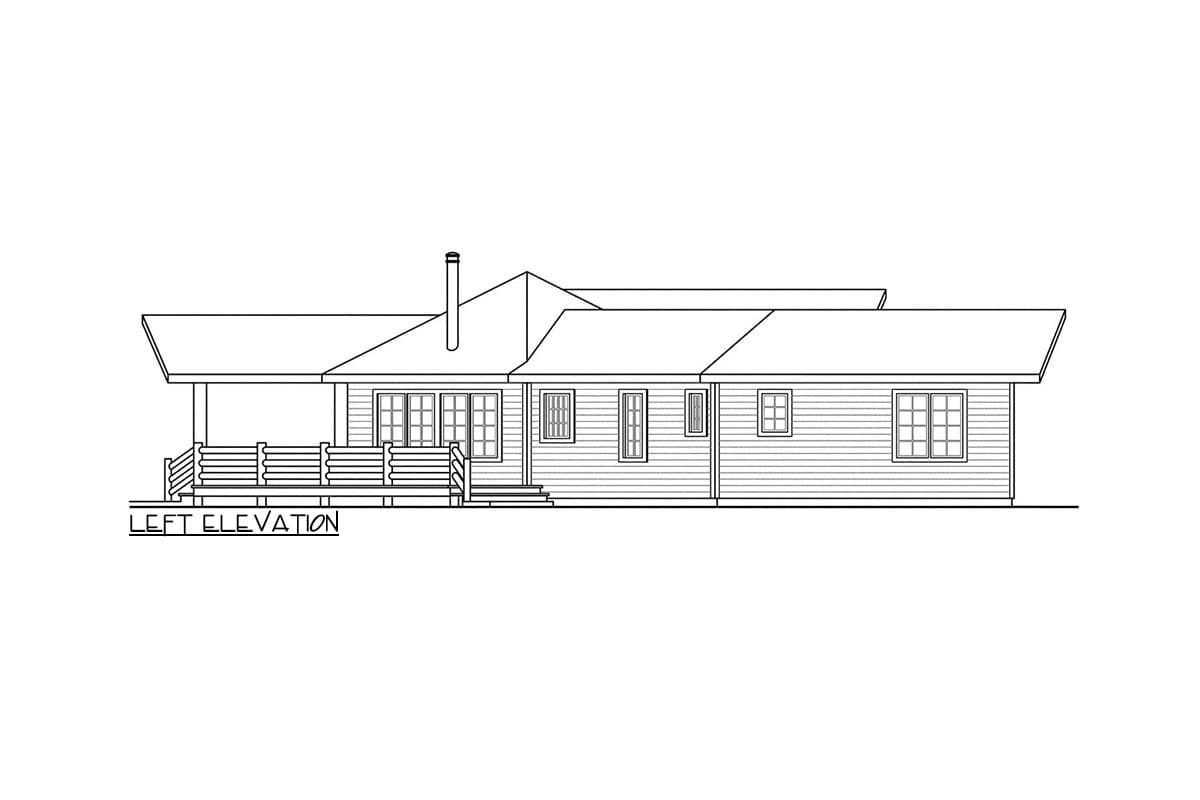 Left elevation drawing of a house plan featuring a covered porch, multiple windows, and varied rooflines.
