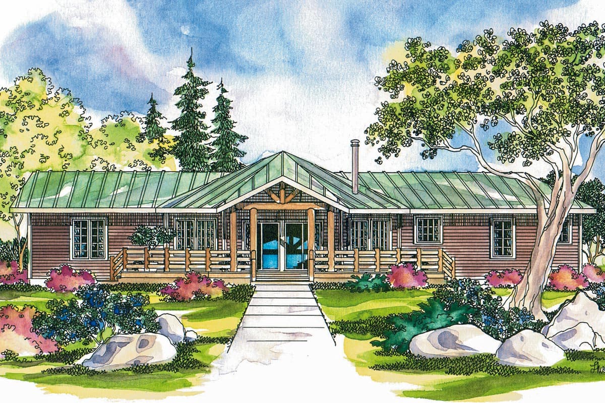 House plan exterior view of a one-story home with a prominent gable entrance, wraparound deck, and green metal roof.