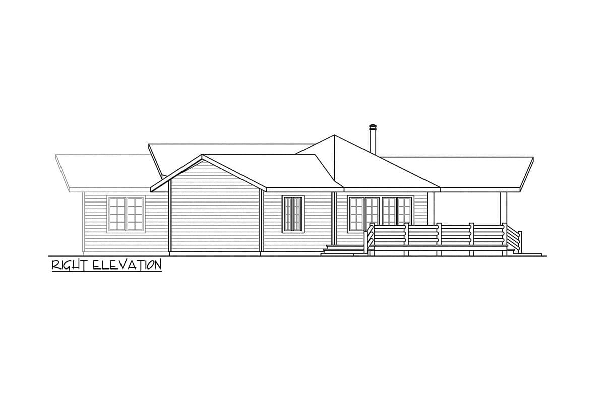 Right elevation house plan showing a single-story structure with a prominent gable, covered porch with log railing, and multiple windows.