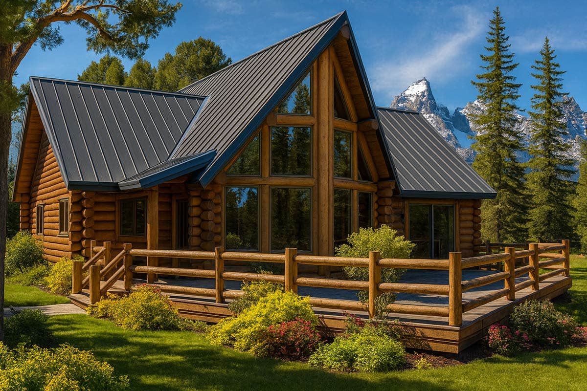 Log cabin house plan exterior with a prominent A-frame gable, large glass windows, and a wrap-around wooden deck.