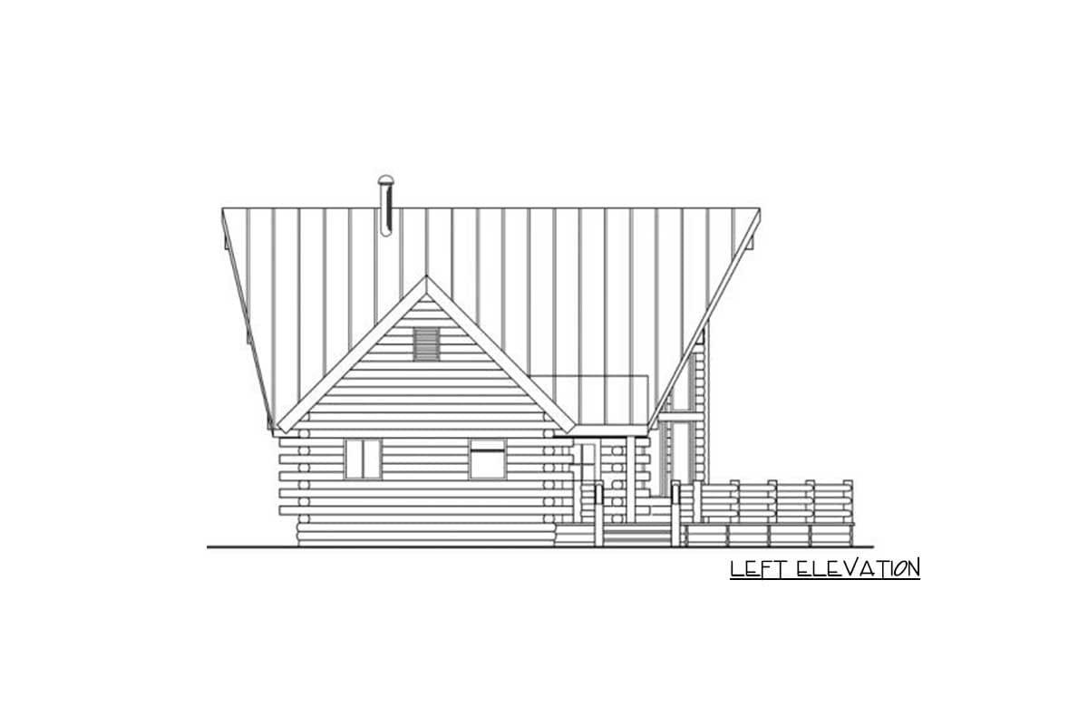 Log cabin house plan left elevation with gable roof, dormer, chimney, and deck.