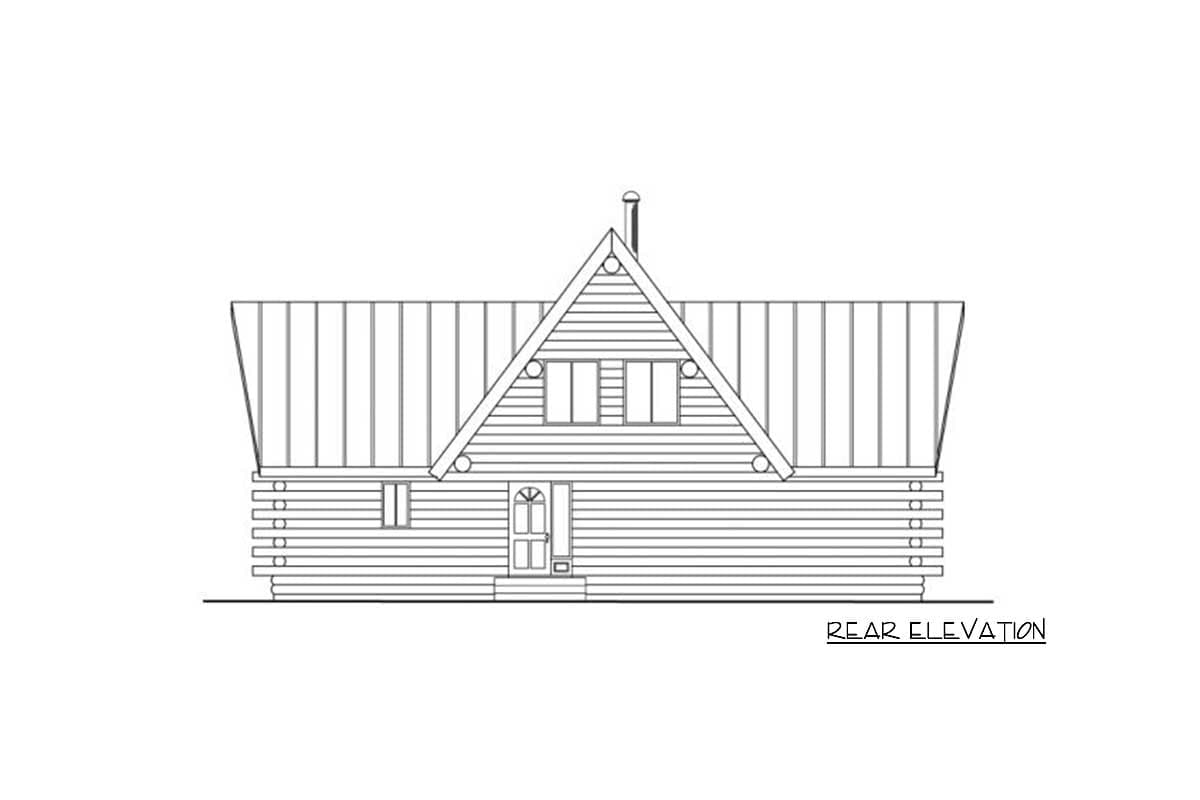 Rear elevation drawing of a log cabin house plan with a prominent A-frame gable and central entrance.