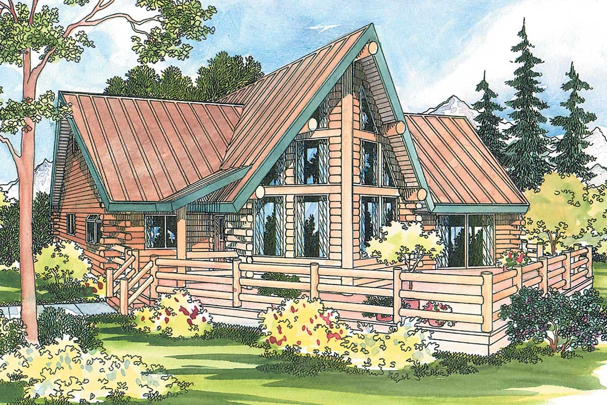 Log cabin house plan exterior with a prominent A-frame gable, large glass windows, and a wrap-around wooden deck.