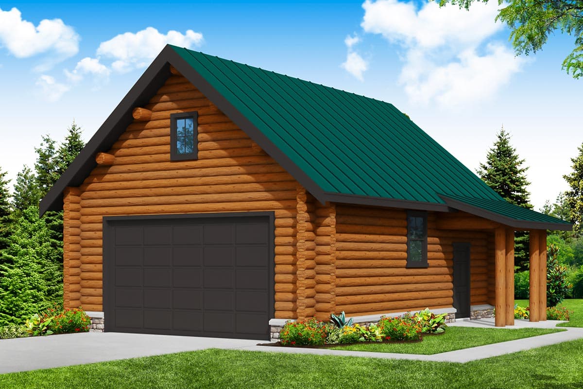 Log cabin house plan exterior with a dark gray garage door, green metal roof, gable dormer, and covered porch supported by log posts.