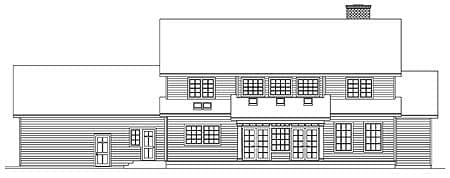 House plan rear elevation showing a two-story house with multiple windows, French doors, and a prominent chimney.