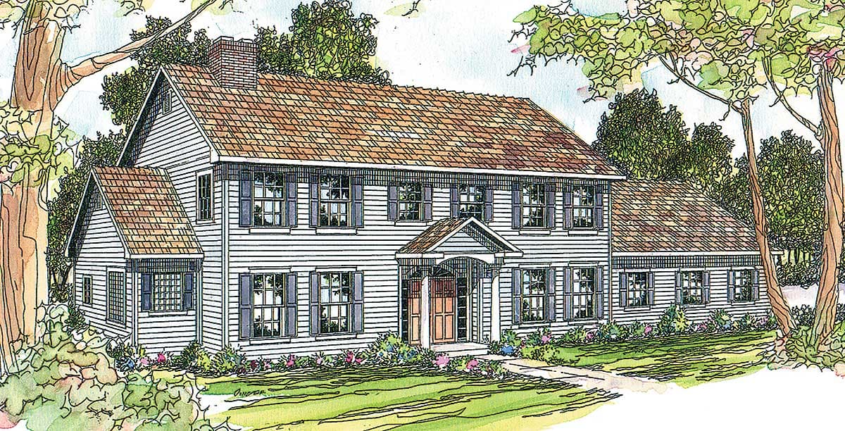 House plan exterior: two-story Colonial style with a central pedimented entry, gabled dormers, and varied rooflines.
