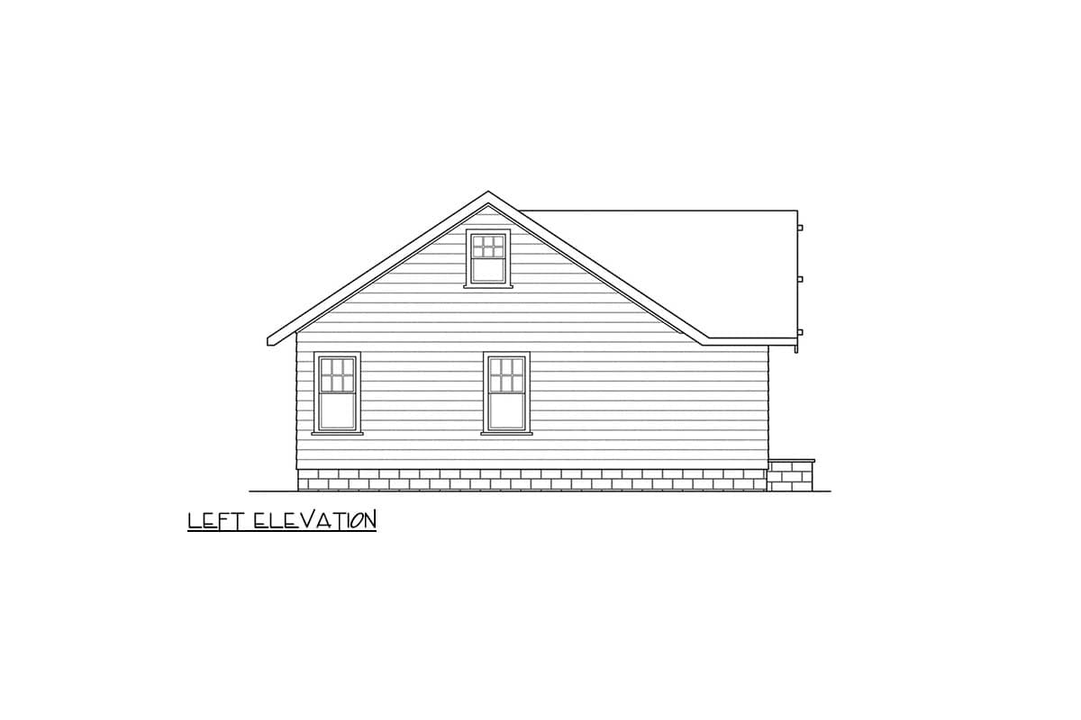 Left elevation drawing of a house with horizontal siding, multiple windows, and a gable roof with a dormer.
