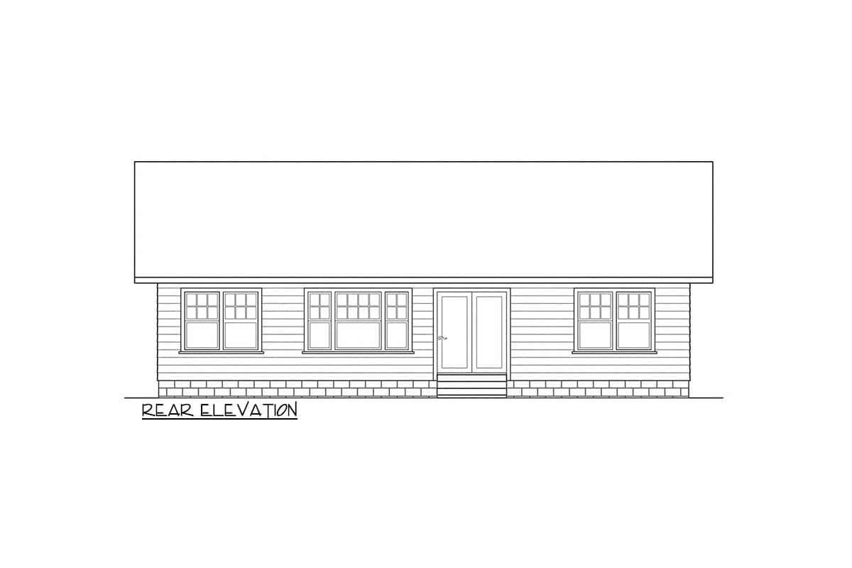 Rear elevation drawing of a single-story house with double doors, five windows, and horizontal siding.