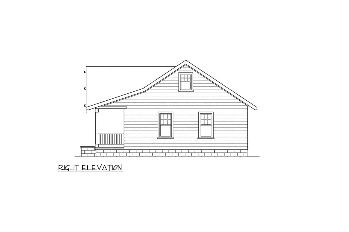 Right elevation of a house plan showing a porch, two main windows, and a dormer window.