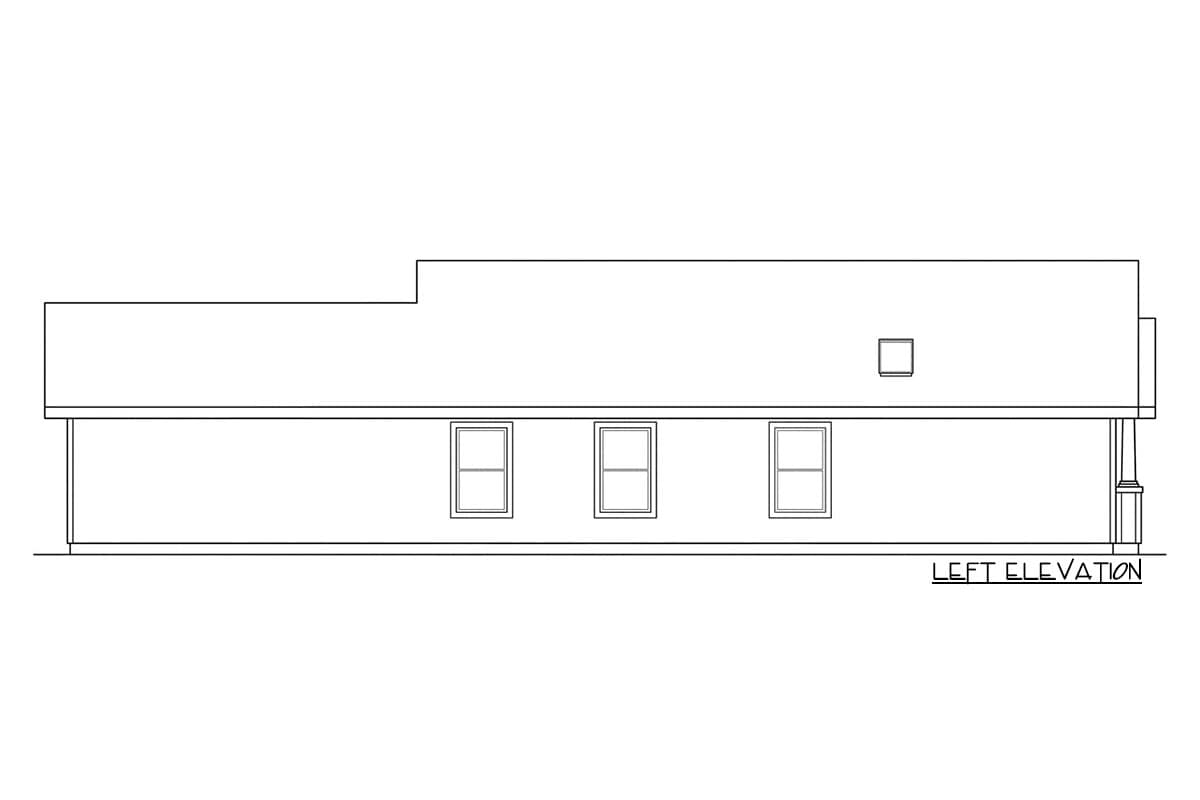 Left elevation drawing of a single-story house plan with three windows and a covered porch.