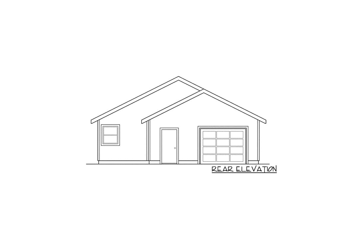Rear elevation house plan: single-story, gabled roof, one window, one door, and one garage door.