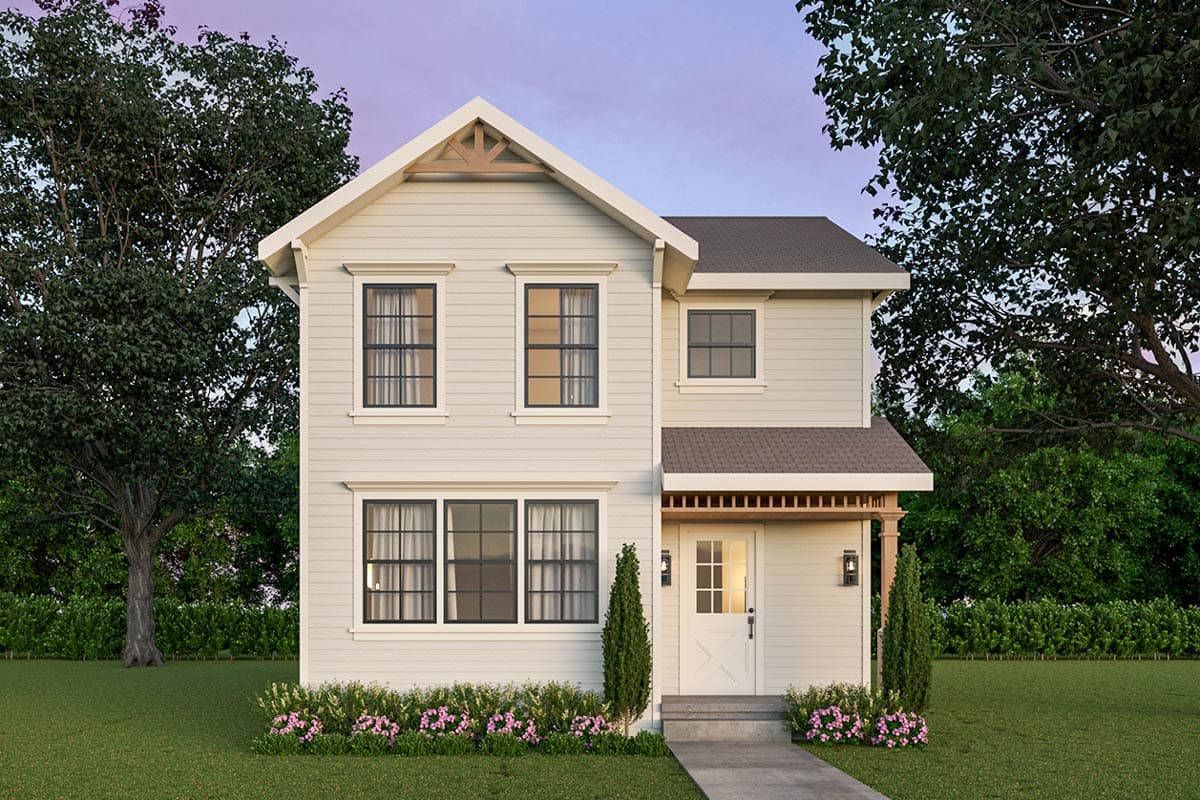 Two-story house plan exterior with a gable, exposed rafter tails, large windows, and a covered front porch with wood posts.