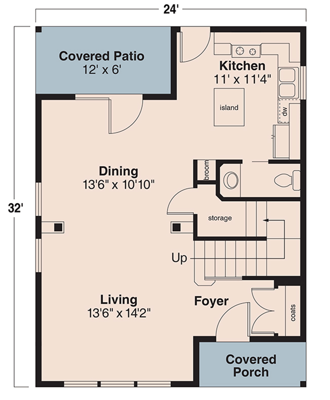 Plan 72372DA: Compact Narrow Two-Story House Plan with Clustered Bedroom Layot - 1331 Sq Ft - Floor Plan - Main Level - Country, Traditional