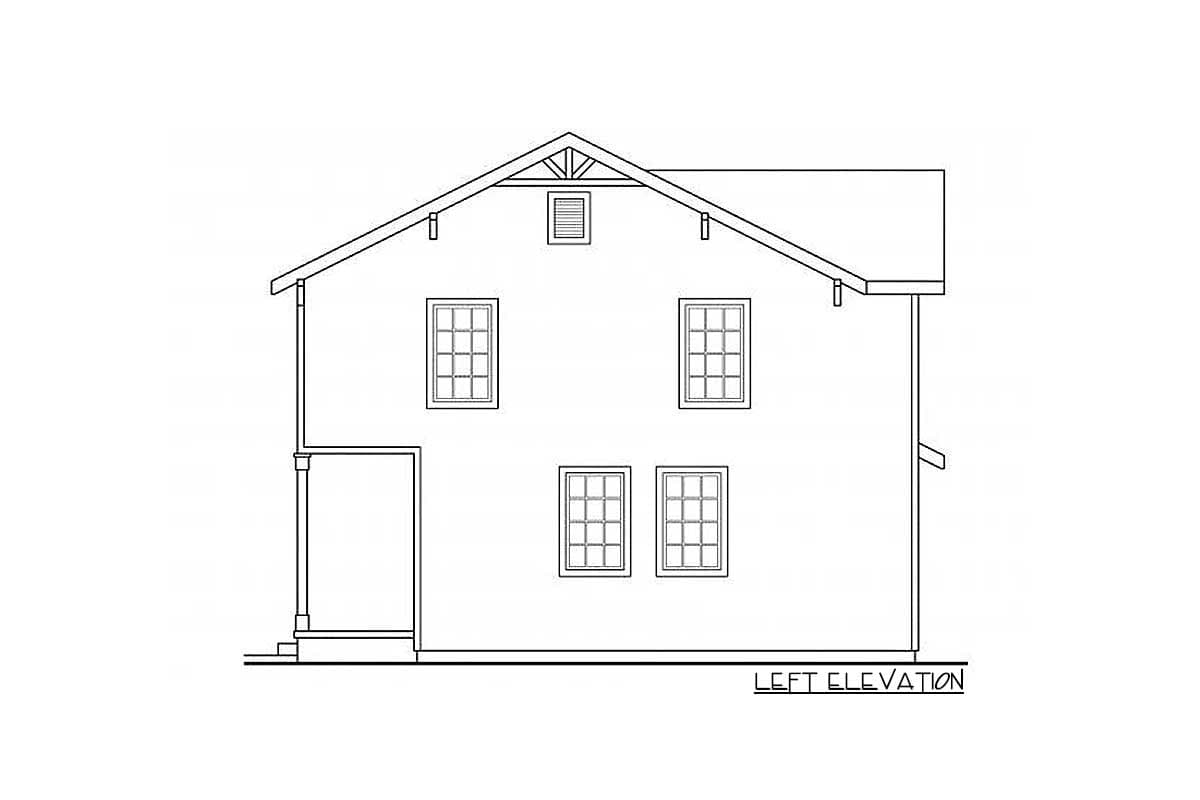Left elevation drawing of a two-story house with a gabled roof, porch, and multiple grid windows.