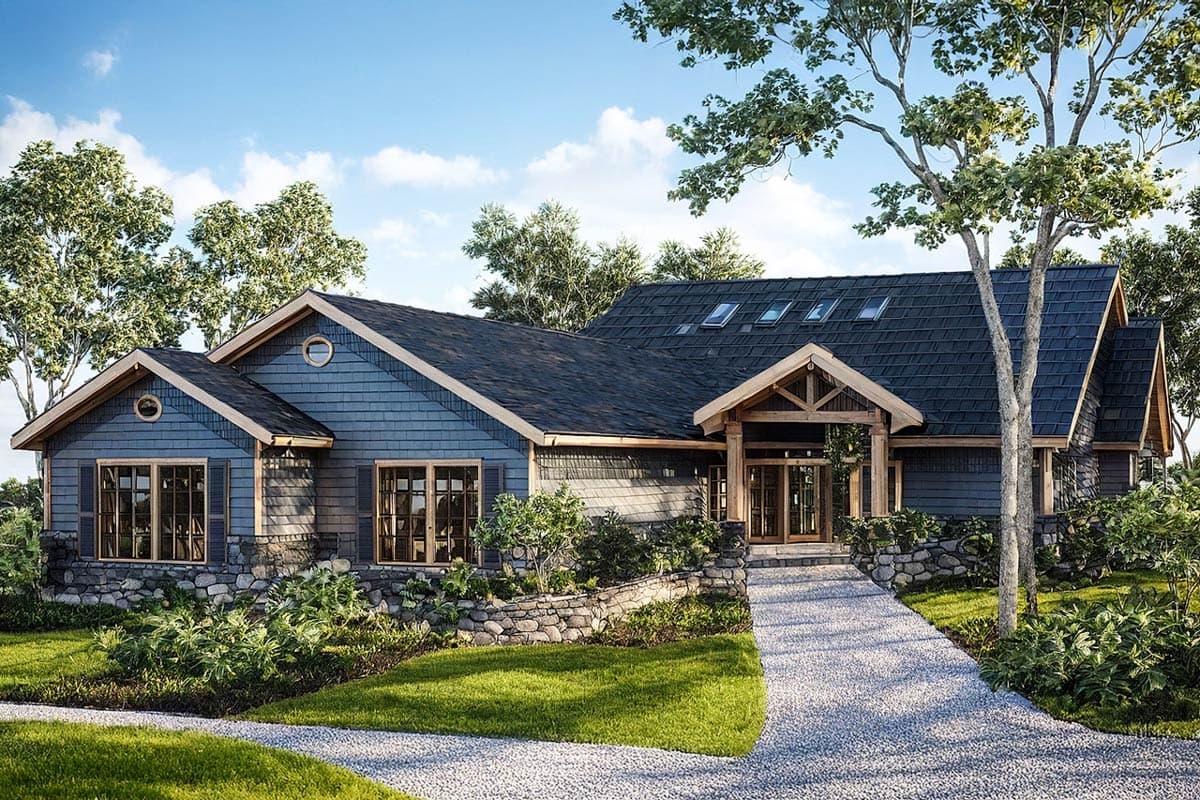 House plan exterior: Ranch style with multiple gables, stone foundation, shingle siding, and covered entry with wooden posts.