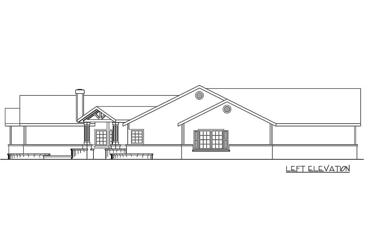 Left elevation house plan with prominent gable, covered entry porch with columns, and multiple windows.