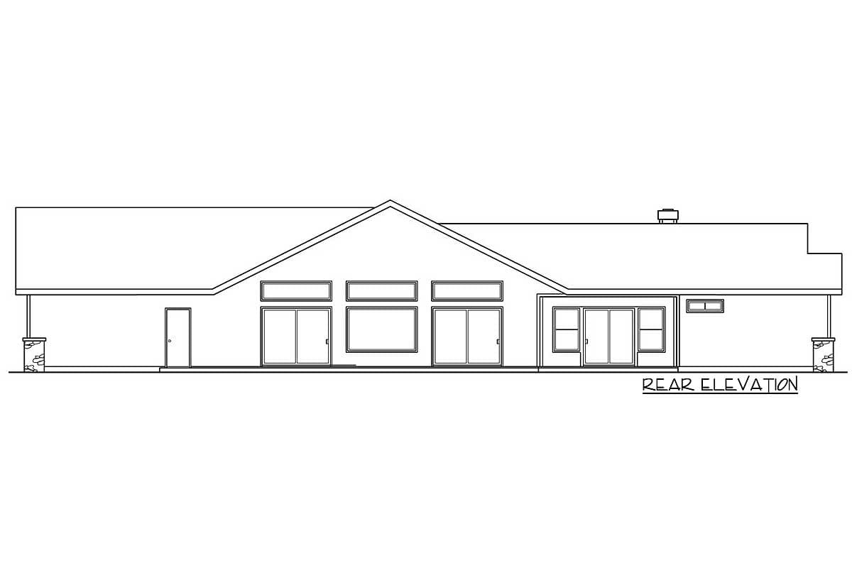 Rear elevation drawing of a house plan featuring a low-pitched gable roof, multiple sliding glass doors, and a single entry door.