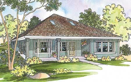 House plan exterior: Single-story Ranch with a covered front porch, gabled roof dormers, and double-door entry.