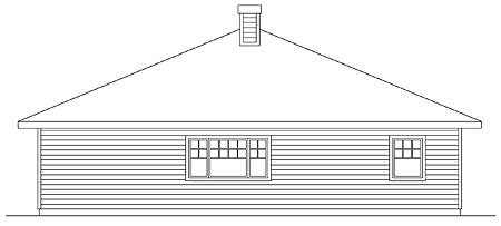 Front elevation drawing of a one-story house plan with horizontal siding, a prominent gable roof, and a central chimney.