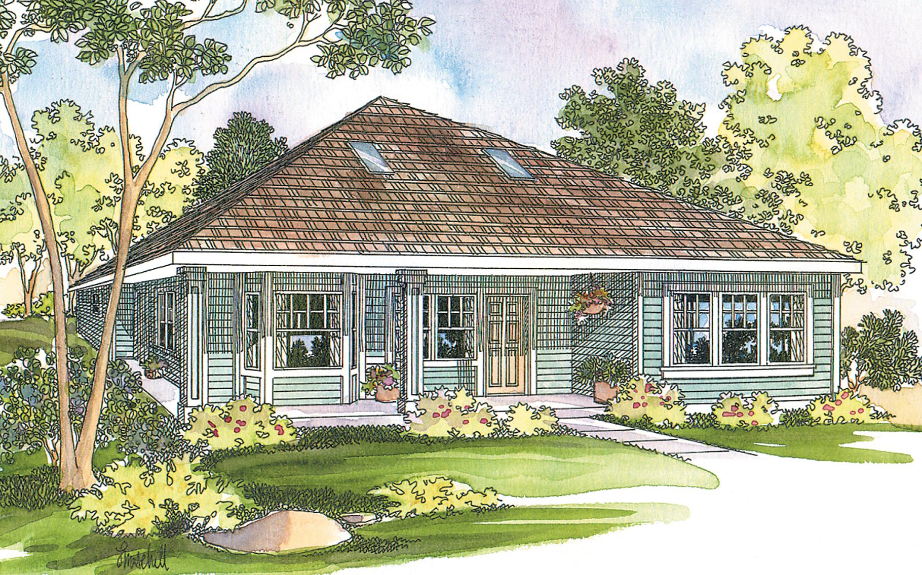 House plan exterior: one-story home with a hipped roof, dormers, covered front porch, and horizontal siding.