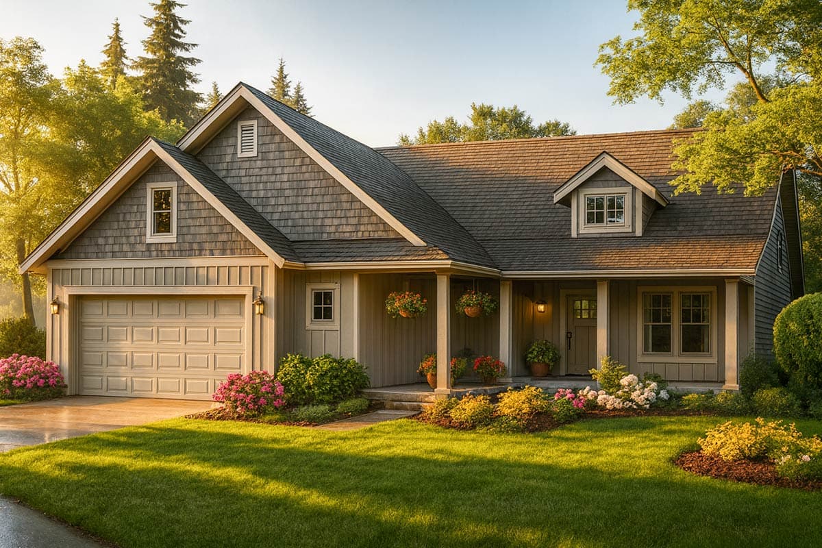 House plan exterior: Two-story Modern Farmhouse with front-facing garage, gabled dormer, and covered entry porch.