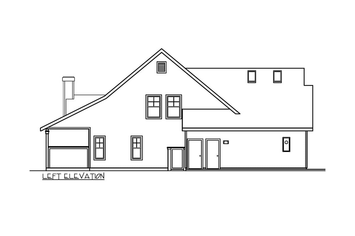 Left elevation house plan with pitched roof, gables, chimney, covered porch, and multiple windows.