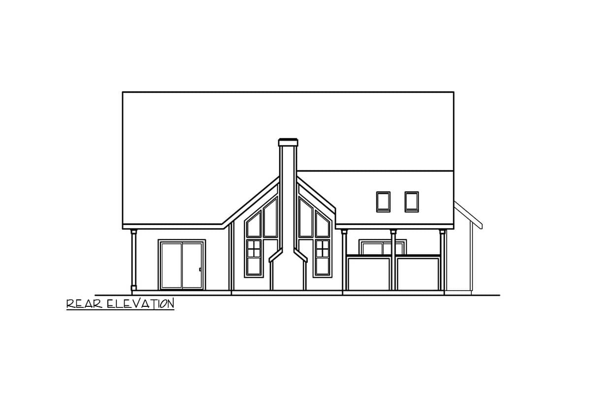 Rear elevation drawing of a house plan with a large gable, prominent chimney, and covered patio.