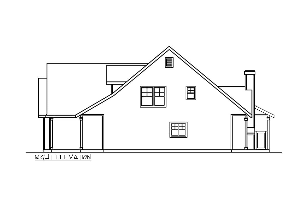 Right elevation house plan showing multiple gables, windows, chimney, and covered porch.