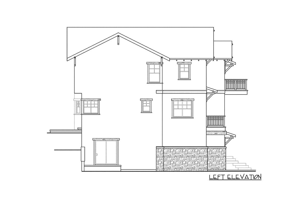Left elevation drawing of a multi-story house plan with stone base, multiple windows, and balconies.