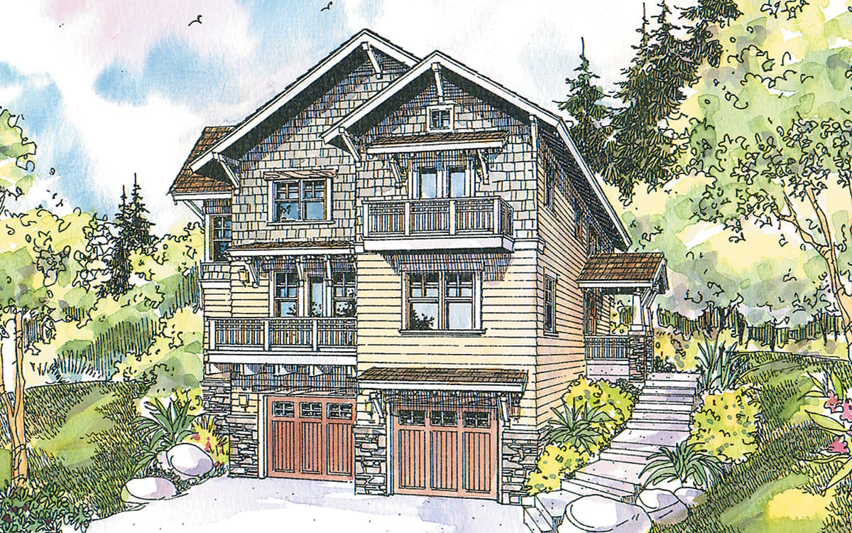 House plan exterior. Craftsman style, two stories, with balconies, gabled rooflines, and stone-clad garage. Includes covered porch and stairs.