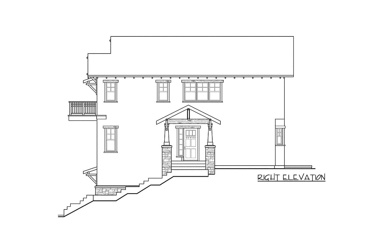 Right elevation house plan: two-story, covered front porch with stone columns, wood beams, and a balcony.