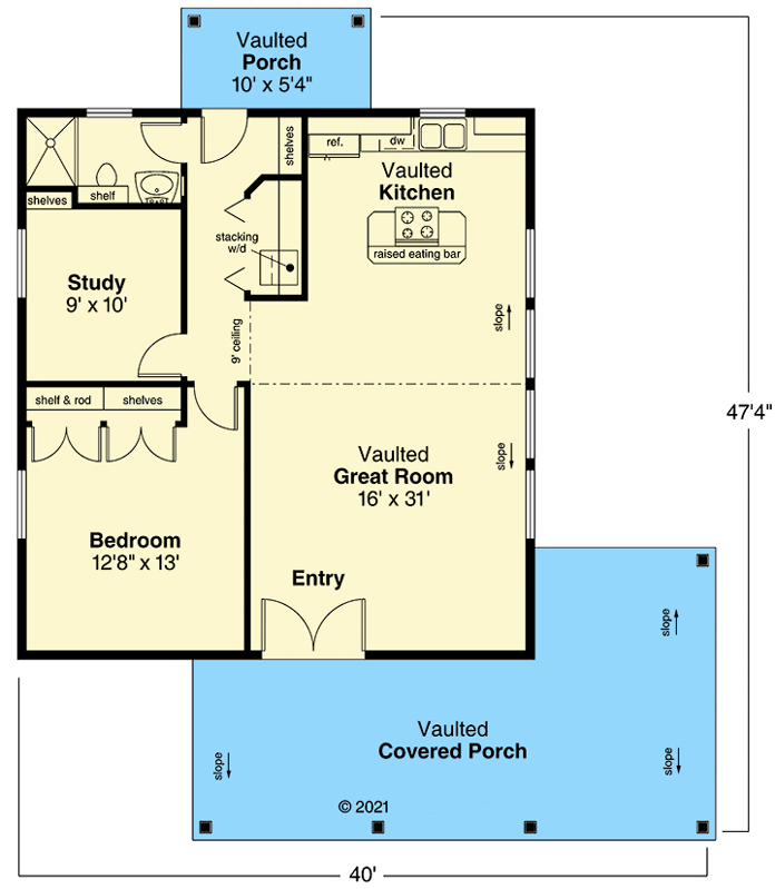 Plan 72466DA: One-bed Country Cottage - 960 Sq Ft - Floor Plan - Main Level - Cottage, Vacation