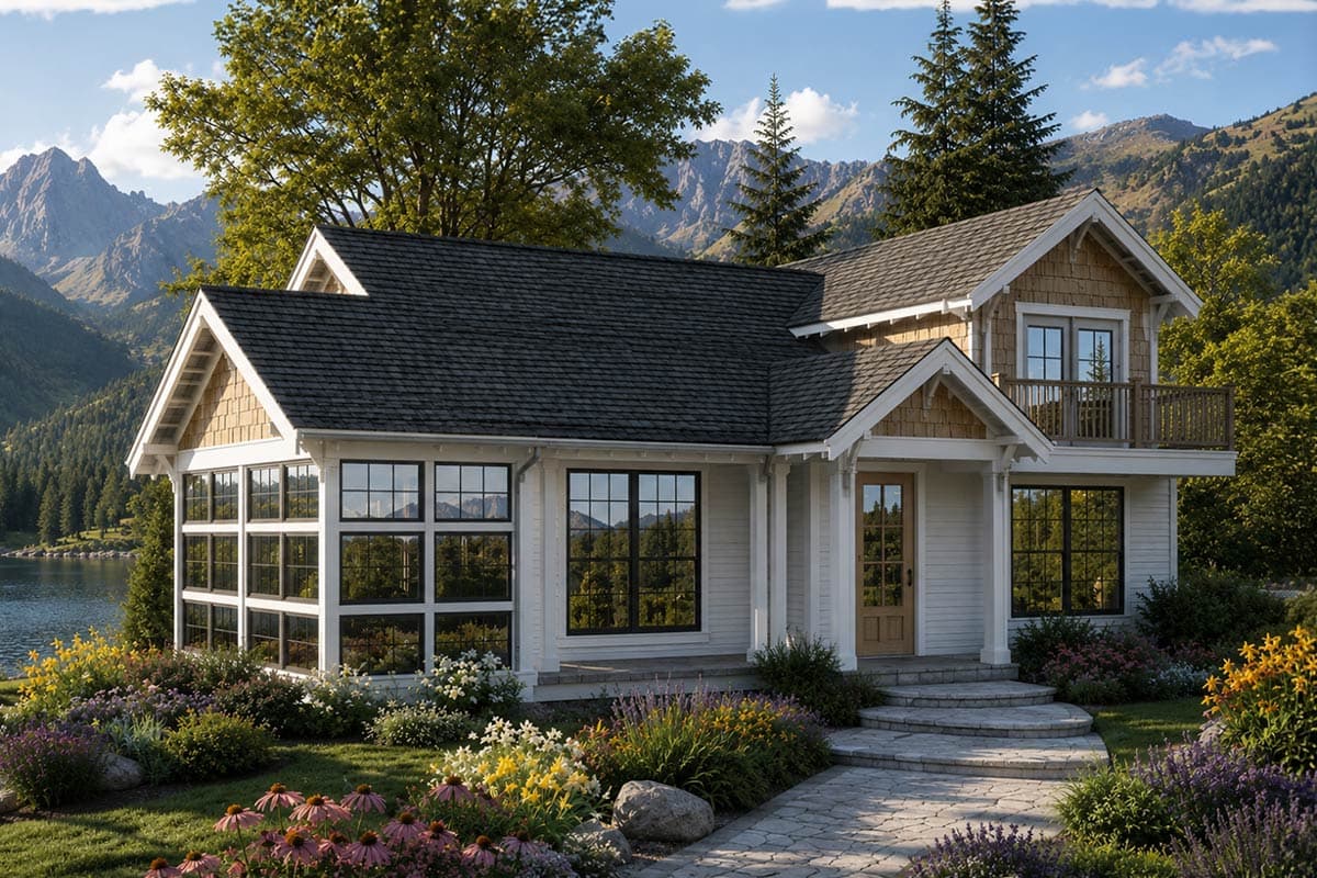 House plan exterior of two-story home with gabled rooflines, shingle siding, wrap-around porch, and sunroom with large windows.