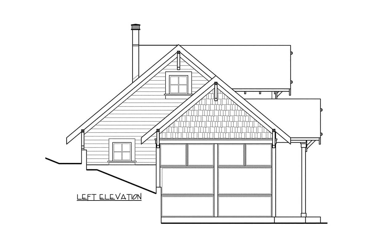 Front elevation drawing of a house plan showing a long porch, chimney, and stepped roofline.