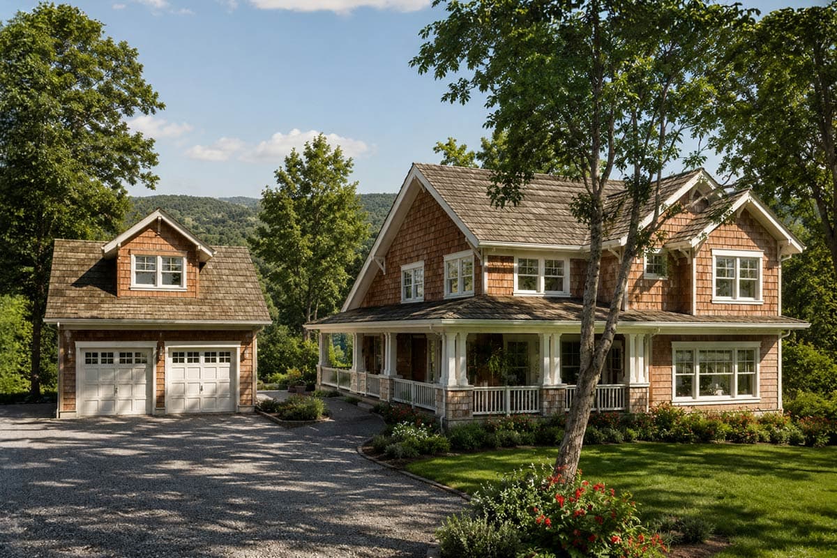 House plan exterior: Two-story home with a wraparound porch, shingle siding, and a detached two-car garage with dormer.