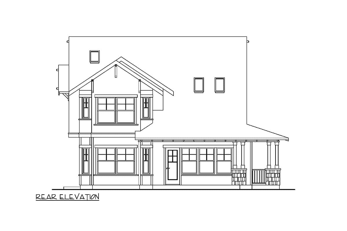 House plan exterior drawing: Two-story home with gabled dormers, a full front porch with square columns, and multiple-pane windows.