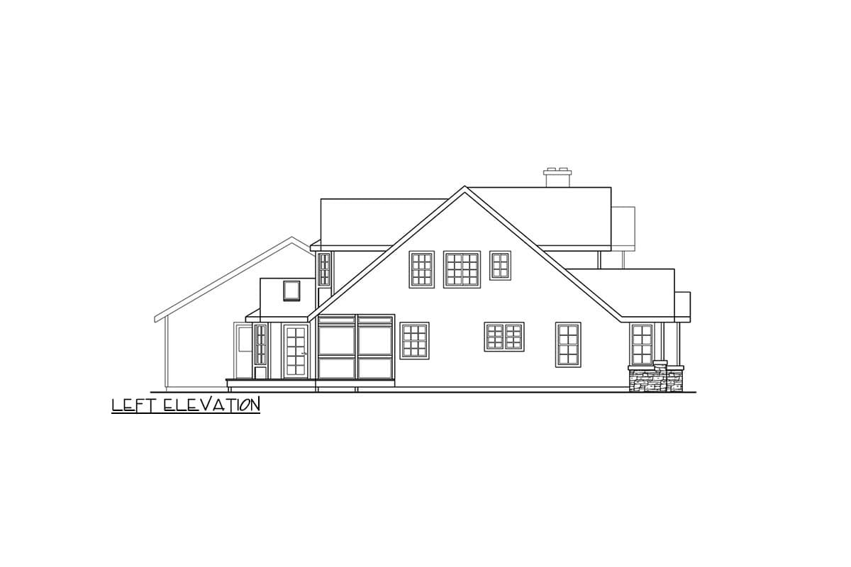 Left elevation drawing of a house plan featuring multiple gables, dormers, a stone-clad porch column, and various window styles.