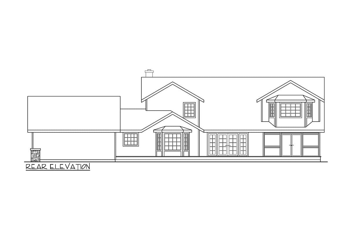 Rear elevation house plan with gabled dormer, bay windows, multiple French doors, and a covered porch area.